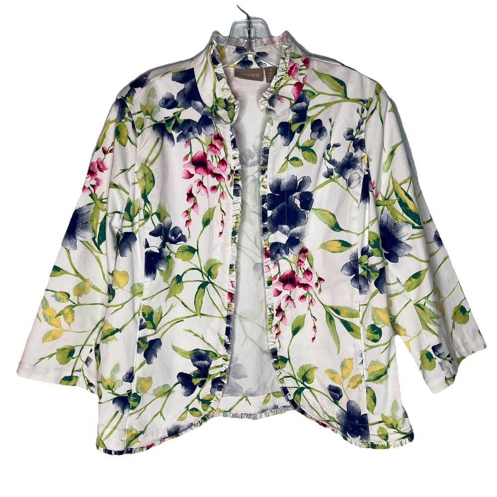 Beautiful Chicos Blazer White Floral Print Sz 1 / M Travel Lightweight Comfort